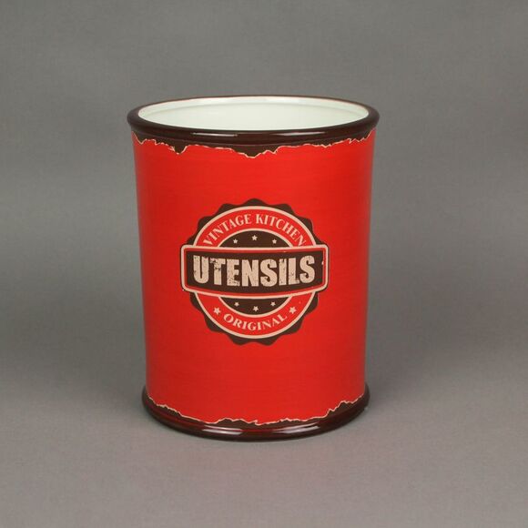 Antiqued Finish Ceramic Crock Kitchen Utensil Holder 8 Inches High - Picture 4 of 5